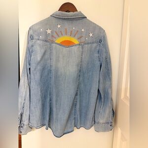 Embroidered Denim Jacket with Sunshine and Stars Barbara Katz Size: XL